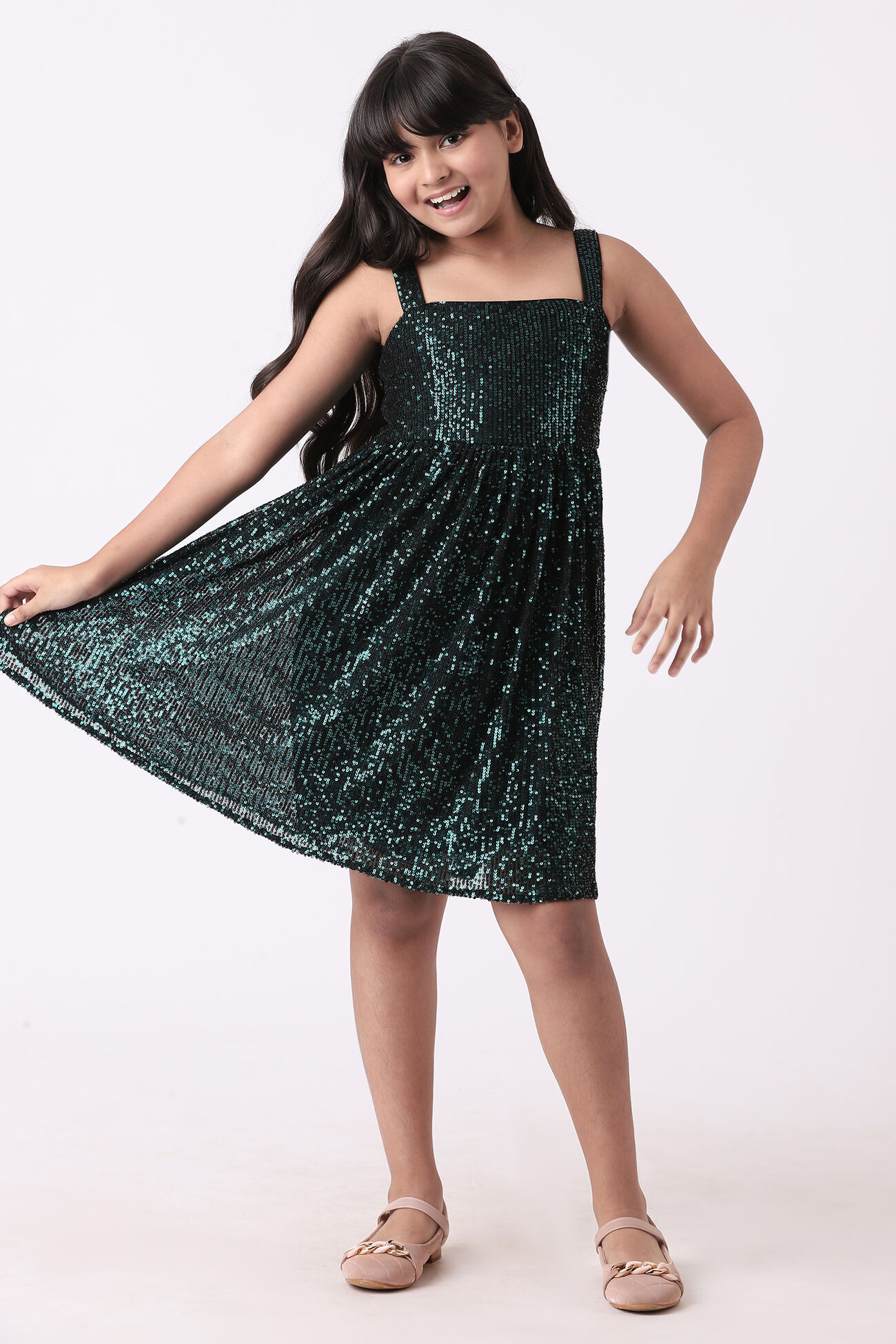 Teal Solid Flared Dress, Teal, image 1